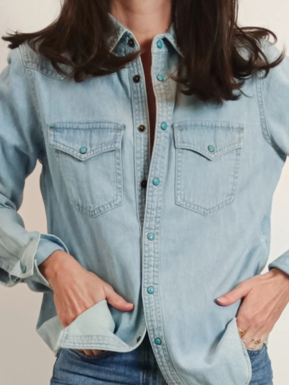 Banana Republic Blue Denim Button Flap Pockets Epaulets Womens Shirt Size l